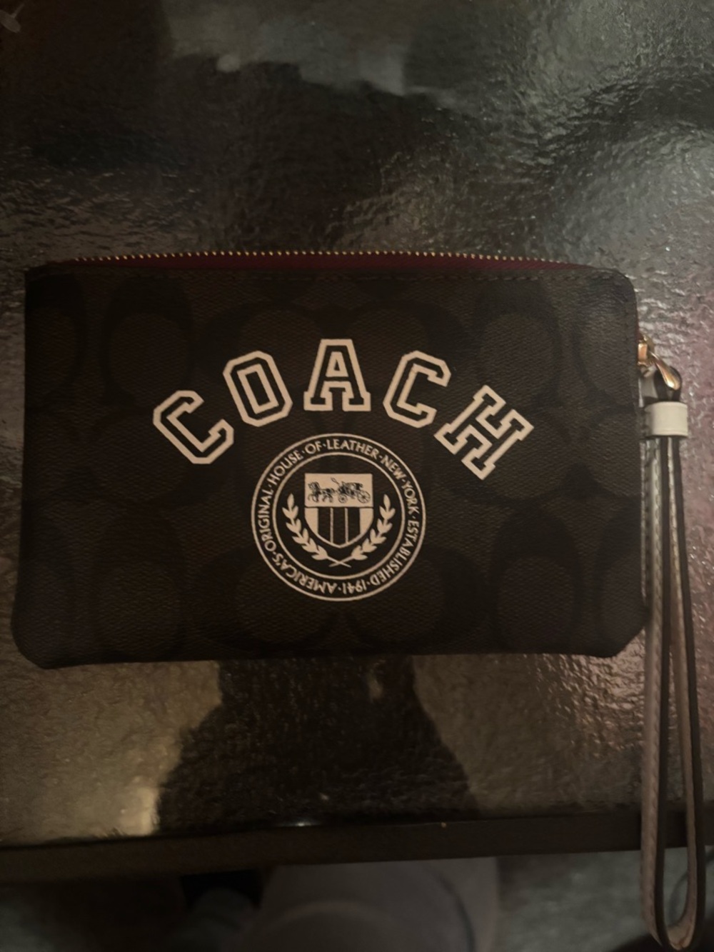 Coach Black Logo Signature Wristlet Pouch with Brown Strap